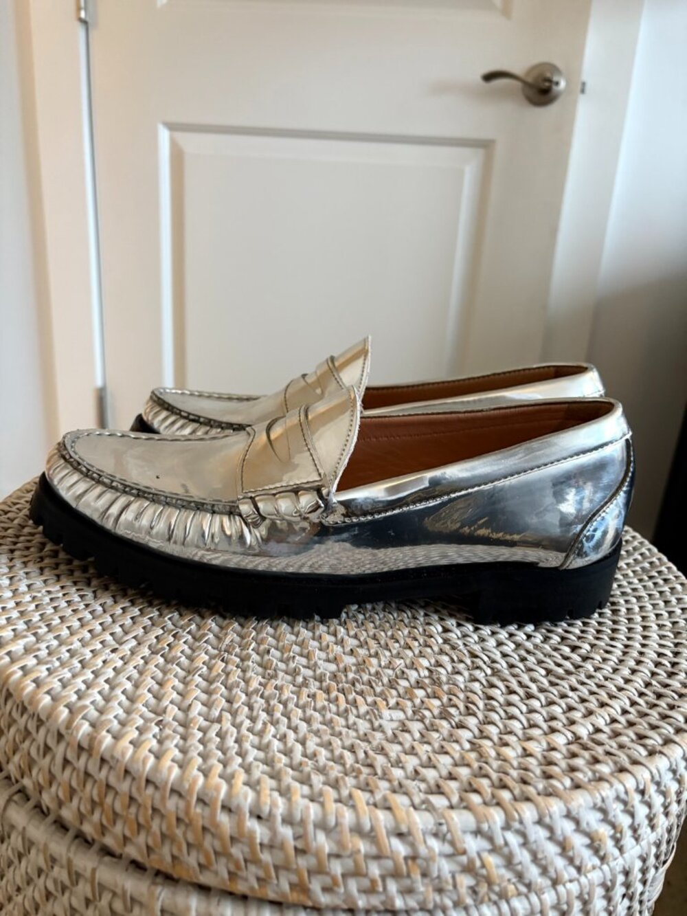 J.Crew Silver Metallic Penny Loafers, Chunky Lug Sole, Size 10